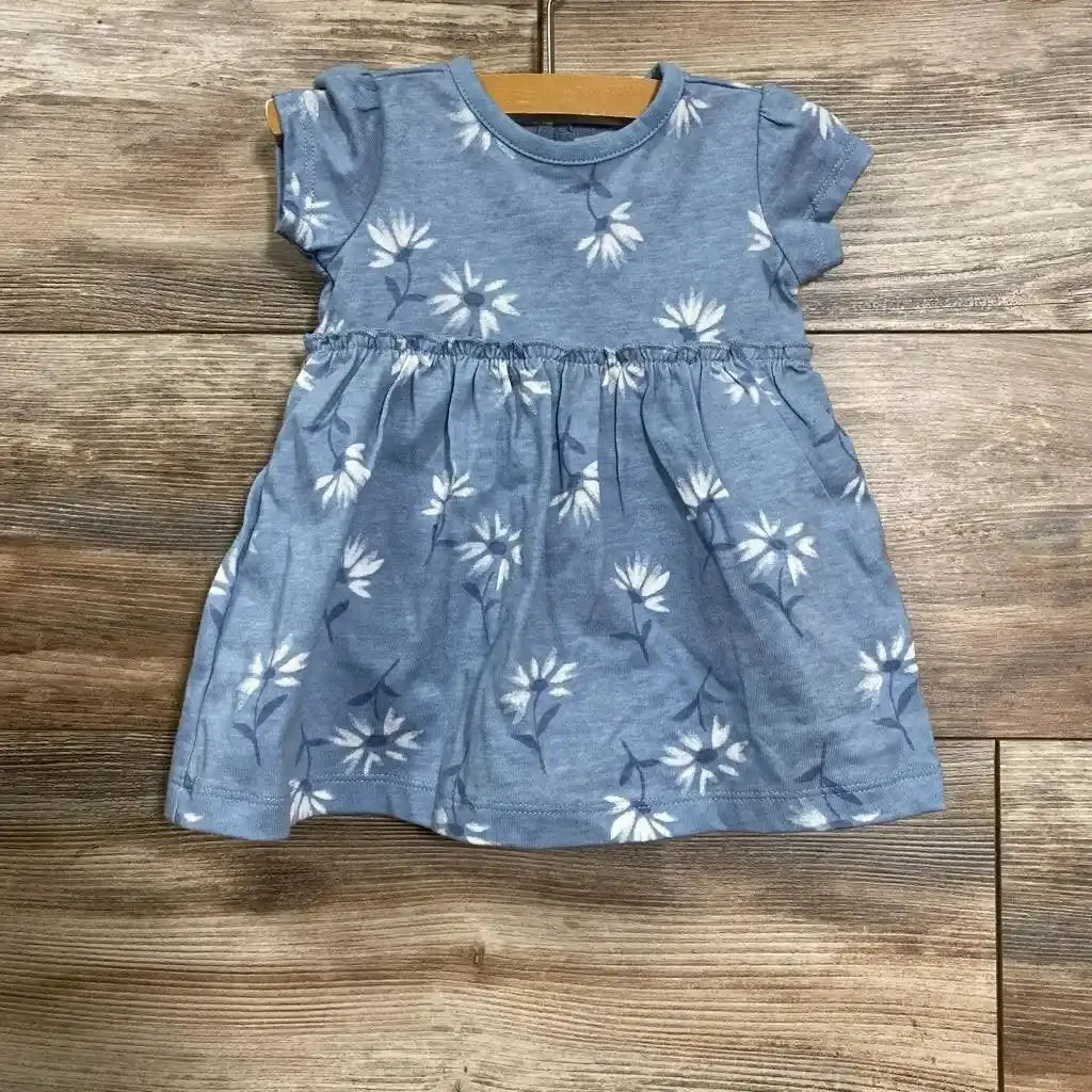 Front view of blue floral baby bodysuit dress (3M) showing short sleeves and snap-bottom on white background