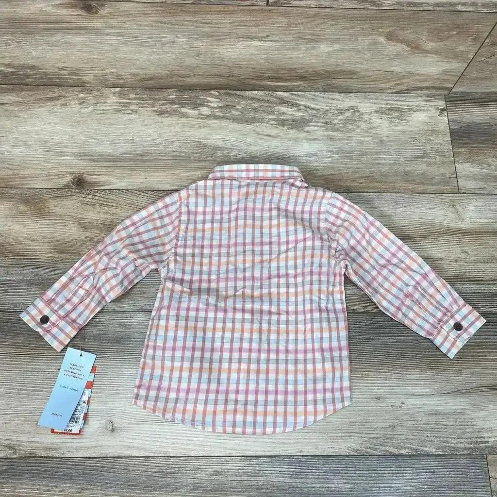 Back view flat lay of new Cat and Jack pastel pink orange and blue plaid long sleeve button up shirt with hangtag on wood plank floor