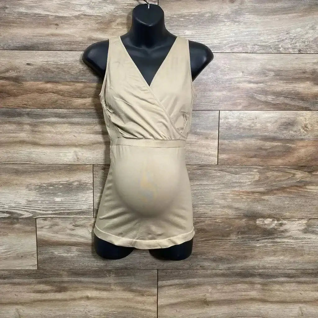 Front view of beige seamless crossover nursing tank top size XL showing crossover V-neck and empire waist on black mannequin