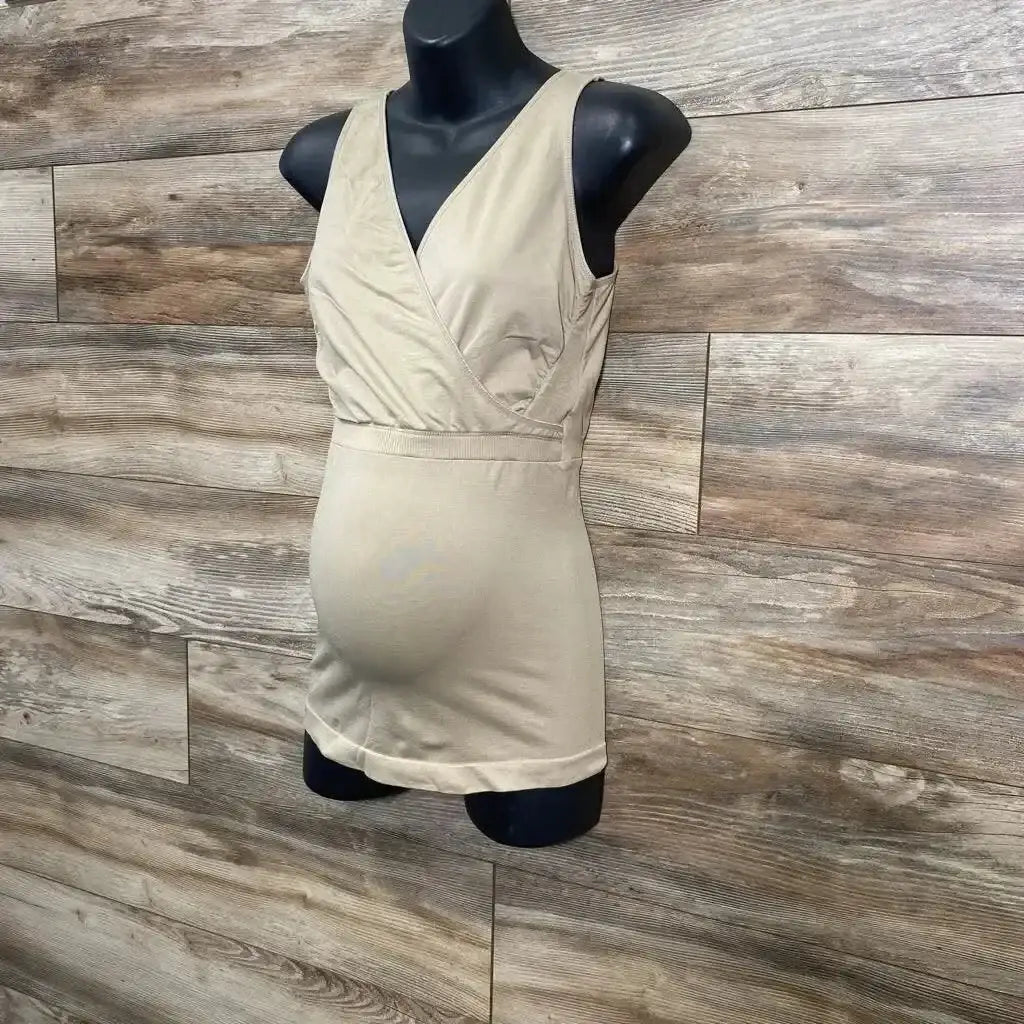 Front of beige Ingrid & Isabel nursing tank (XL) showing wrap V-neck and fitted maternity shape on black mannequin