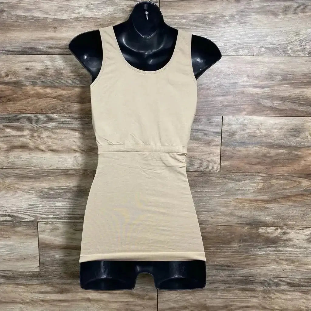 Front view of beige Ingrid & Isabel nursing tank, XL, showing crossover neckline and fitted waist on black mannequin