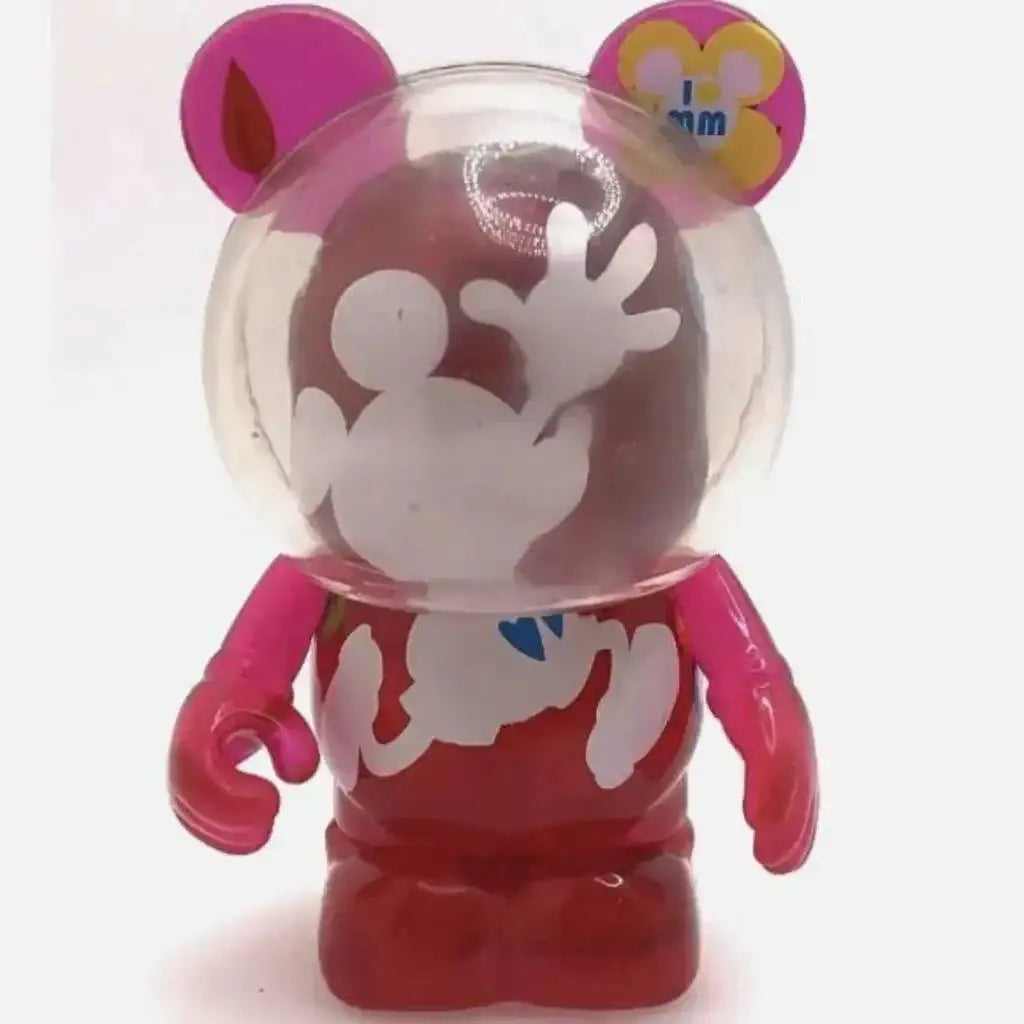 Front view of 3-inch pink Disney Vinylmation figure showcasing clear bubble helmet and white Mickey silhouette on plain white background