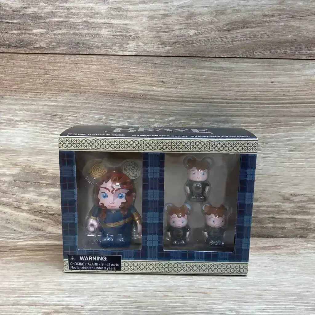Front view of Disney Brave Vinylmation 4-piece set showcasing Merida figure and three bear cub figures in window box on wood background