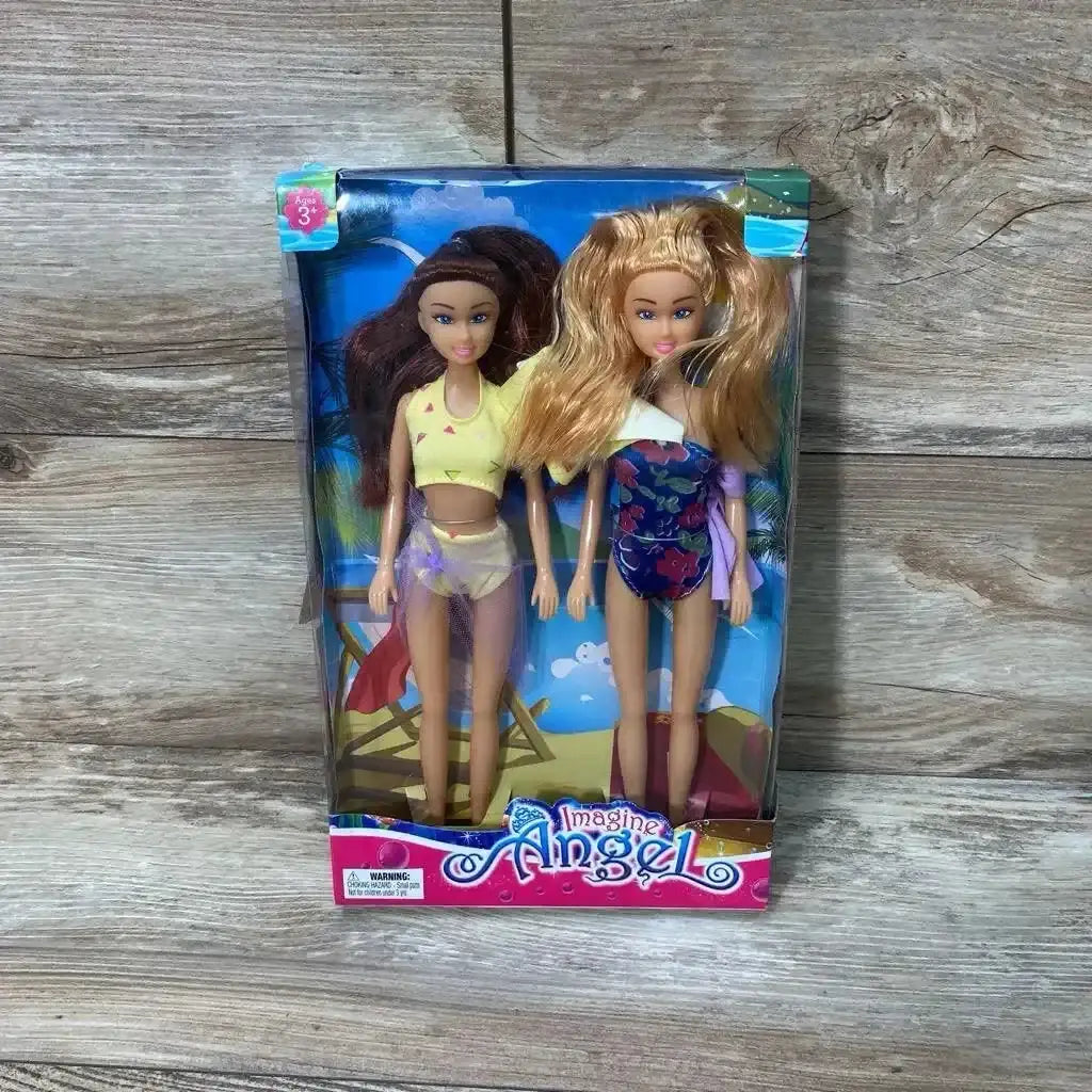 Front view of two 12-inch Imagine Angel beach dolls in beach outfits on white background