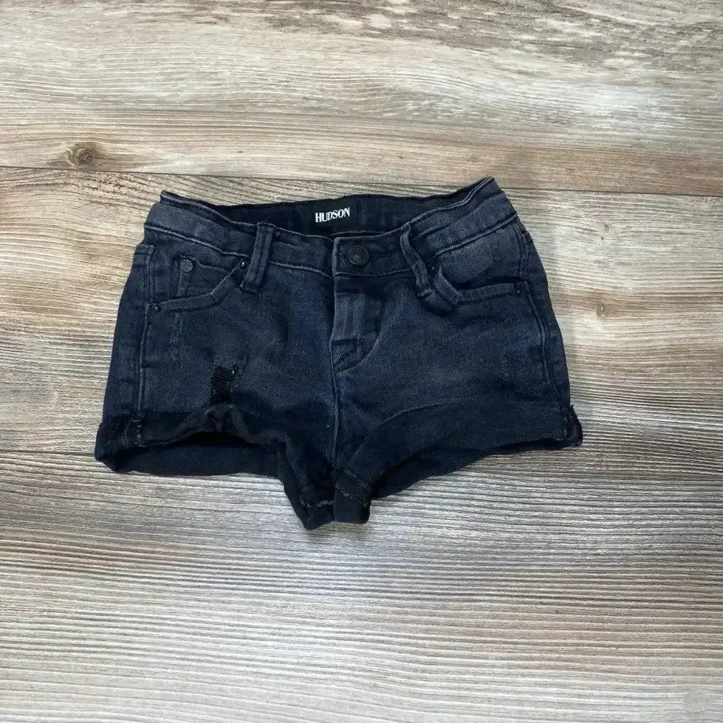 Front view of black Hudson rolled hem shorts sz 24m showing front pockets and distressed details