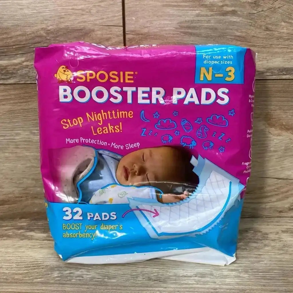 Front view of Sposie booster pads pack (32 count, size N-3M) showing product packaging on white background