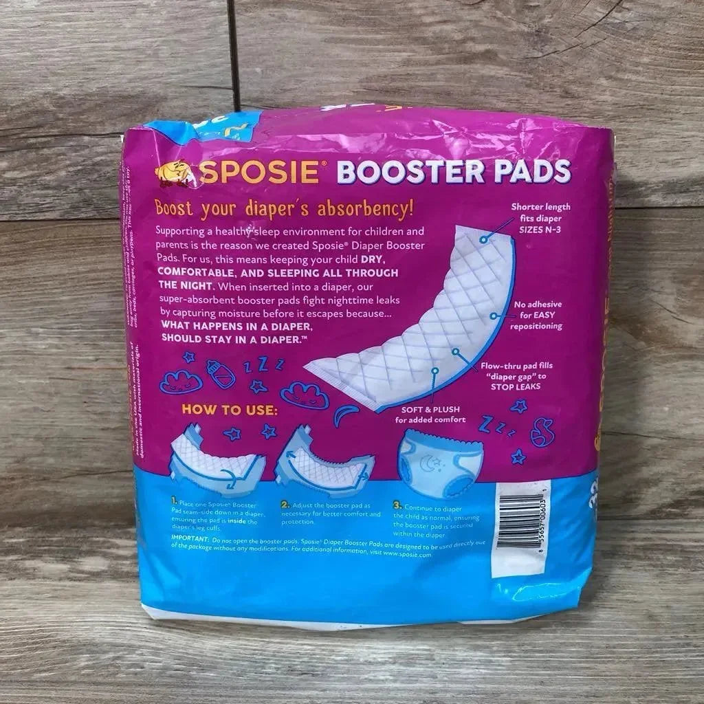 Front of Sposie Booster Pads package showing Boost diaper absorbency headline, size N-3, and how-to icons