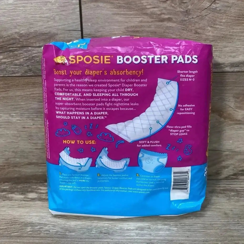 Front of Sposie Booster Pads package showing Boost diaper absorbency headline, size N-3, and how-to icons