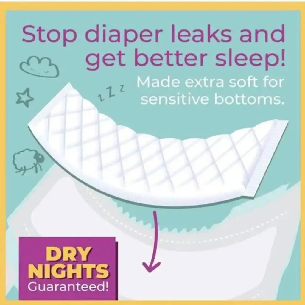 Promotional graphic showing Stop diaper leaks and get better sleep and Dry nights guaranteed with illustrated booster pad