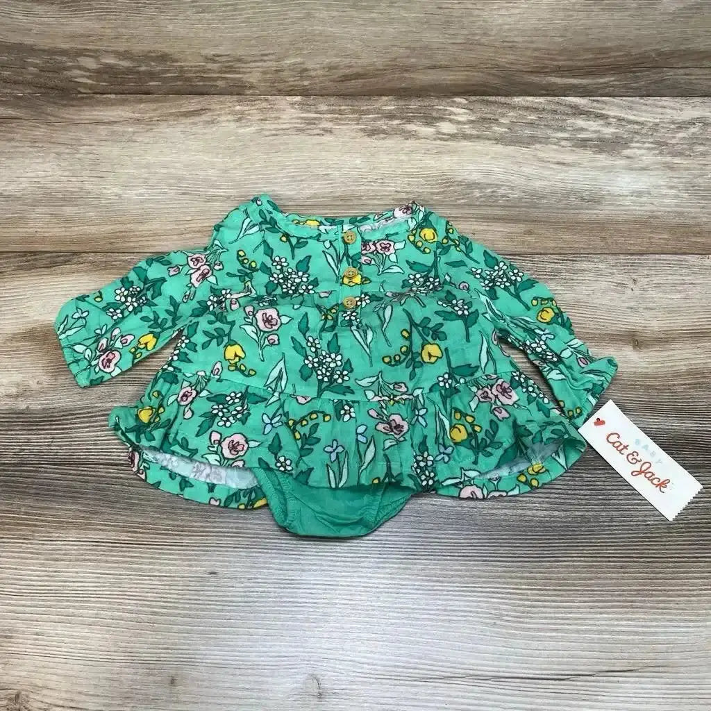 Front view of Cat and Jack floral henley dress with bloomers, 0-3M, showing button placket and ruffle hem on white background