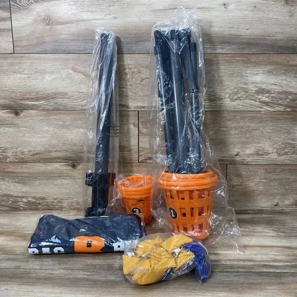 Front view of B3 Bean Bag Bucketz set with two orange buckets, black poles, and yellow and blue bean bags on wood background