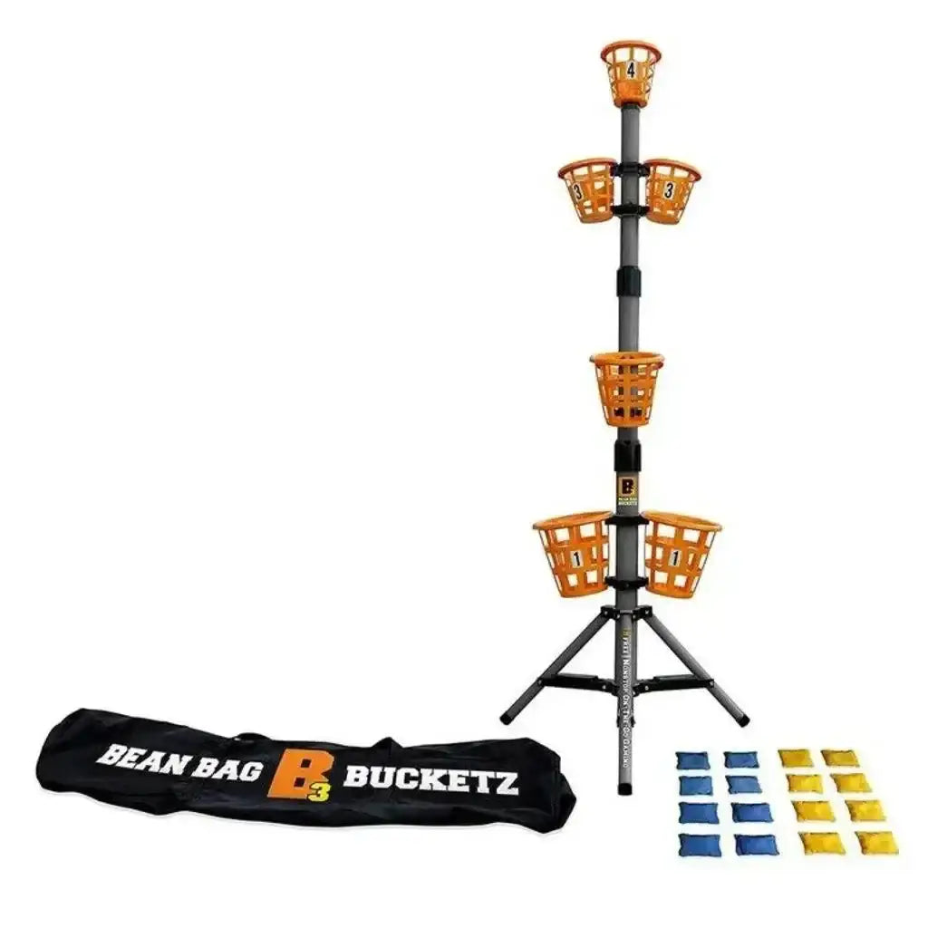 Front view of B3 Bean Bag Bucketz tower with five stacked orange baskets, included blue and yellow bean bags and black carrying bag on white background