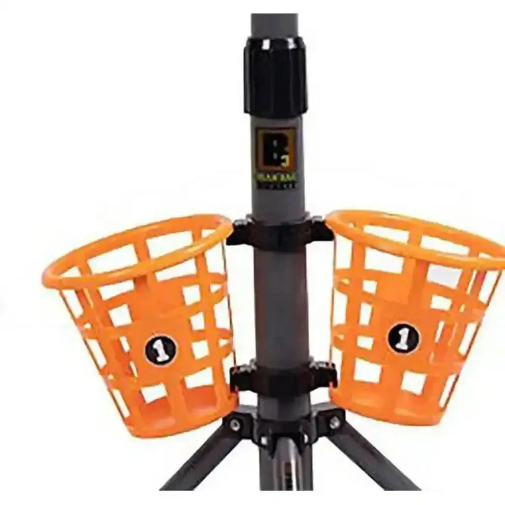 Front view of Bean Bag Bucketz game with two orange baskets on gray adjustable tripod white background