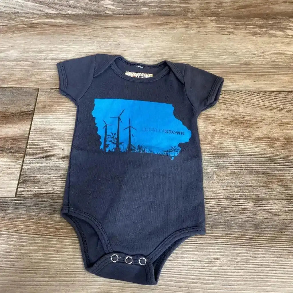 Flat-lay of grey 3-6m baby bodysuit showcasing blue Iowa silhouette with windmills and Locally Grown text on wood floor