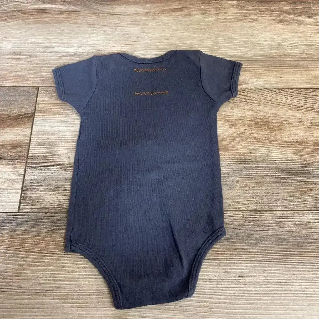 Flat-lay back view of grey Locally Grown Iowa State Scape bodysuit, 3-6m, showing short sleeves and snap crotch on wood floor