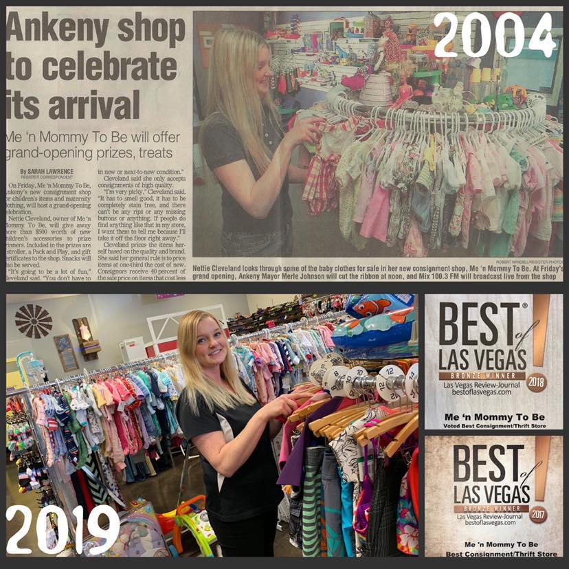 Photo collage showing 2004 and 2019 store photos with founder arranging children's clothing and Best of Las Vegas badges