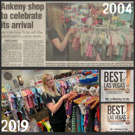 Photo collage showing 2004 and 2019 store photos with founder arranging children's clothing and Best of Las Vegas badges