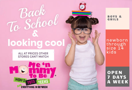 Promotional banner showing Back To School & looking cool headline, smiling girl, text newborn to size 14 and Open 7 days