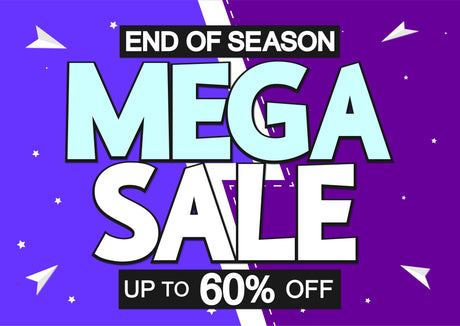 Promotional banner showing End of Season mega sale with up to 60% off on purple background