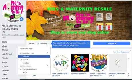 Screenshot of Me 'n Mommy To Be Facebook cover with 'KIDS & MATERNITY RESALE' headline, logo, and badges on wood background