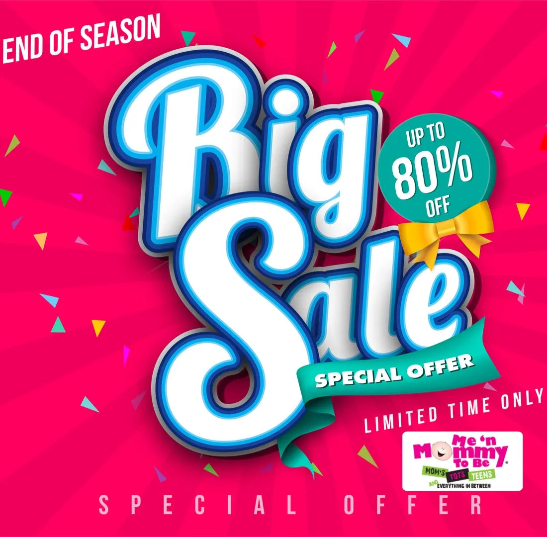Promotional banner showing Big Sale headline, up to 80% off badge, Special Offer ribbon, and Me n Mommy To Be logo