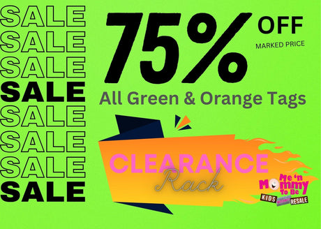 Promotional banner showing 75% off, All Green & Orange Tags and Clearance Rack on bright green background with repeated SALE and store logo