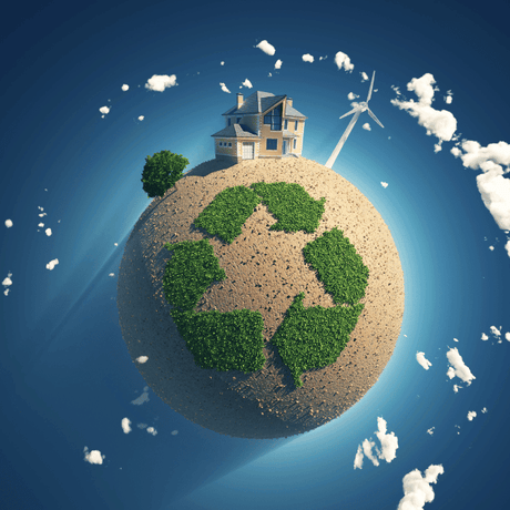Small globe with a grass-shaped recycling symbol, a house and a wind turbine representing sustainable living