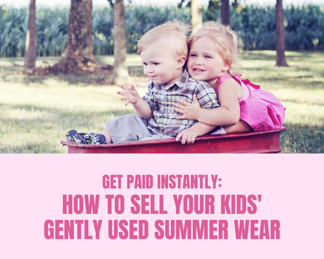 Two young children in a red wagon outdoors with headline about selling gently used kids’ summer wear