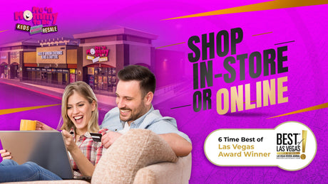 Banner with headline SHOP IN-STORE OR ONLINE, couple shopping on a laptop, storefront in background, Best of Las Vegas badge