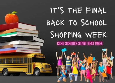 Banner showing It’s the final Back to School shopping week with school bus, books and an apple and cheering kids
