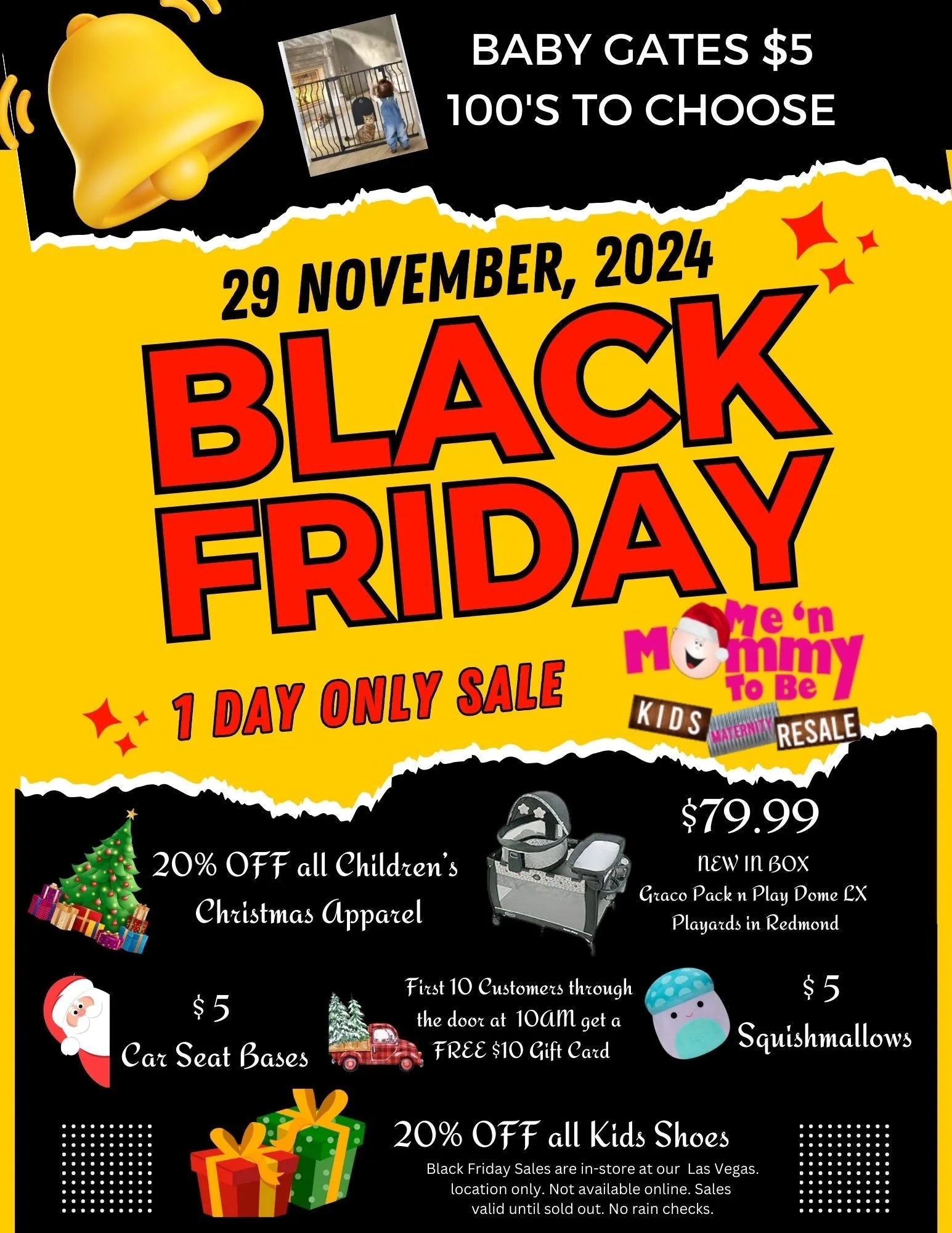 Promotional flyer: Black Friday one-day sale 29 Nov 2024, 20% off kids' apparel and shoes; baby gates and car seat bases featured