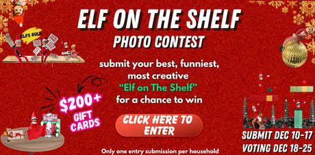Promotional banner for Elf on the Shelf Photo Contest: submit Dec 10-17; voting Dec 18-25; over 200 dollars in gift cards; click to enter