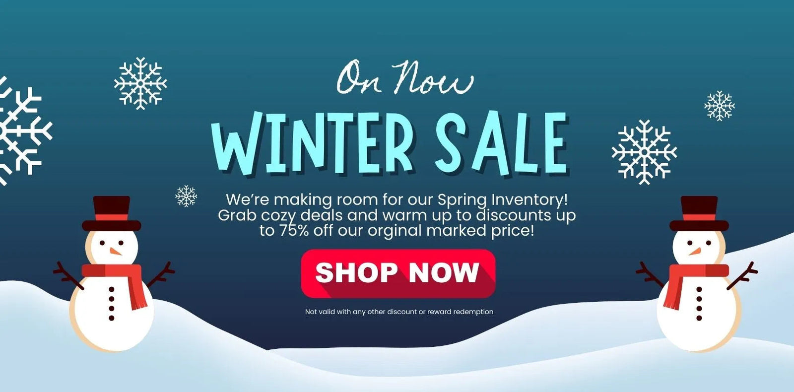 Promotional banner showing On Now WINTER SALE with up to 75% off and a red Shop Now button, snowmen and snowflakes