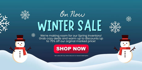 Promotional banner showing On Now WINTER SALE with up to 75% off and a red Shop Now button, snowmen and snowflakes
