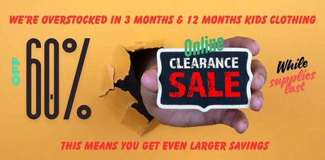 Promotional banner showing online clearance: 60 percent off select 3- and 12-month kids clothing while supplies last
