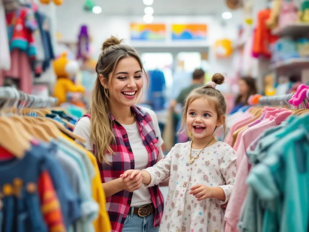 Mother holding her toddler's hand while they smile and browse colorful children's clothing racks in a bright store