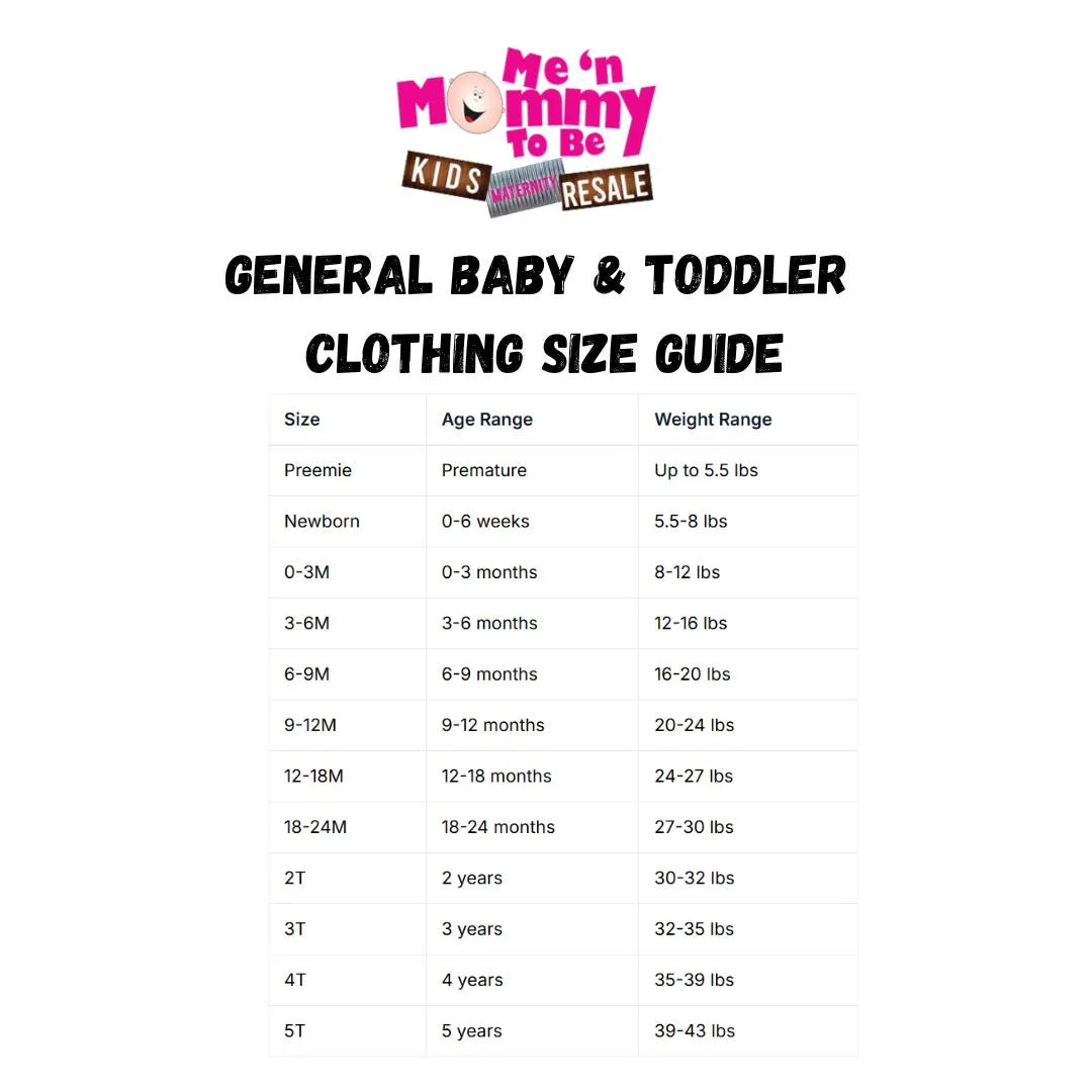 Table showing general baby and toddler clothing sizes with corresponding age and weight ranges