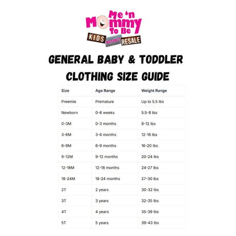 Table showing general baby and toddler clothing sizes with corresponding age and weight ranges