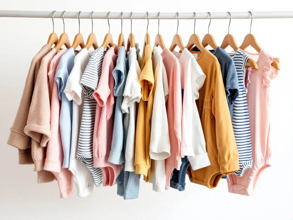 Baby and toddler clothes on wooden hangers in pastel and mustard colors against white background