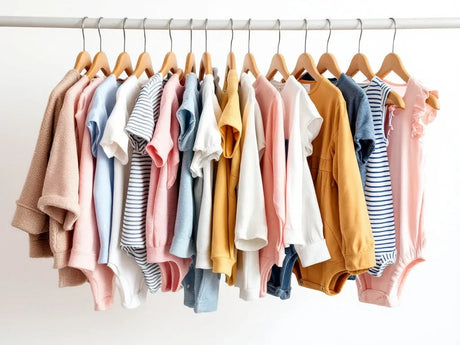 Baby and toddler clothes on wooden hangers in pastel and mustard colors against white background
