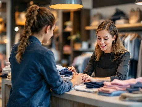 Customer handing folded children’s clothes to a smiling store associate at a boutique resale shop counter