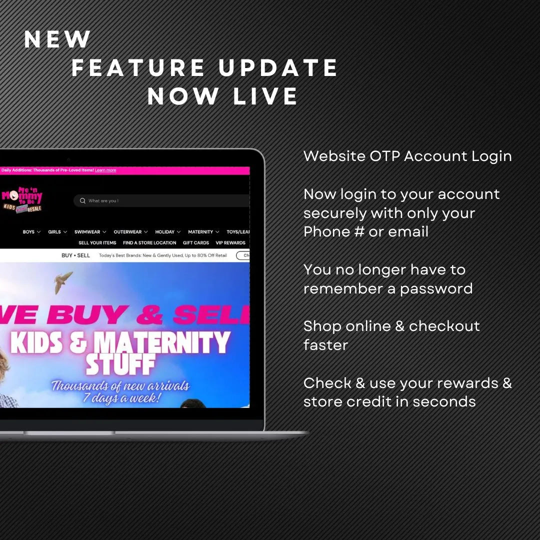 Promotional banner showing New feature update now live and password free OTP login via phone or email for faster checkout
