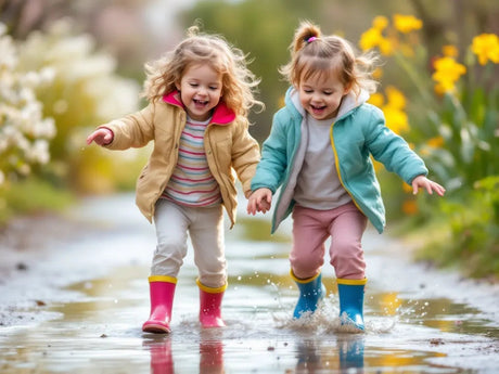 Two toddlers splashing through a puddle in colorful raincoats and rain boots on a spring day with flowers in the background
