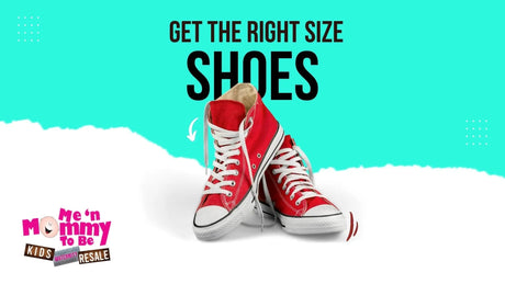 Red canvas sneakers on white surface with turquoise banner reading GET THE RIGHT SIZE SHOES and Me n Mommy To Be logo