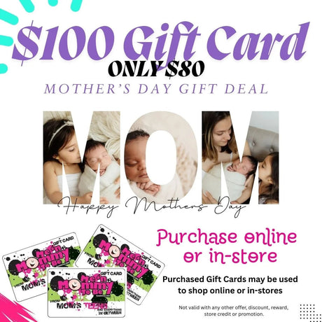 Mother’s Day gift card banner with large ‘MOM’ photo collage, headline about a discounted gift card, gift card images, and ‘Purchase online or in-store’ callout