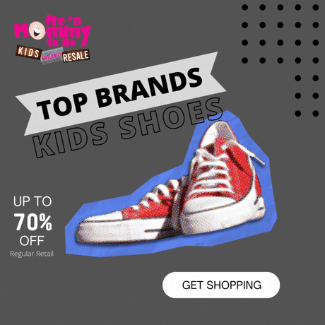 Promotional banner showing headline "Top Brands Kids Shoes", red canvas sneakers, "Up to 70% off" text and a "Get Shopping" call-to-action