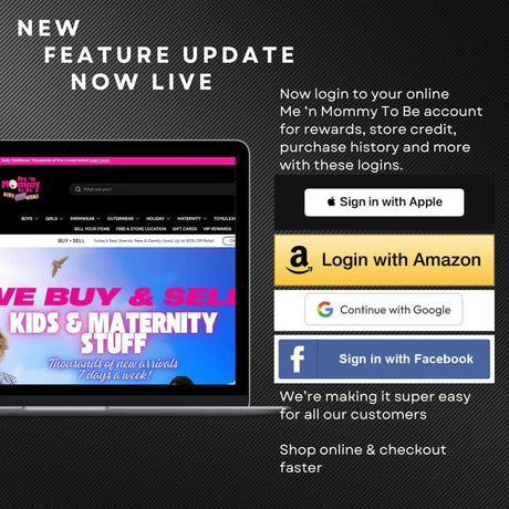 Promotional banner announcing "New feature update now live" showing social login buttons for Apple, Amazon, Google, and Facebook