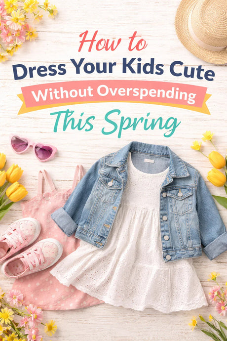 Flat-lay of spring kids outfits with denim jacket over white eyelet dress, pink dress, pink sneakers and straw hat