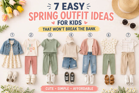 Outfit collage showing seven cute, simple, affordable spring looks for kids