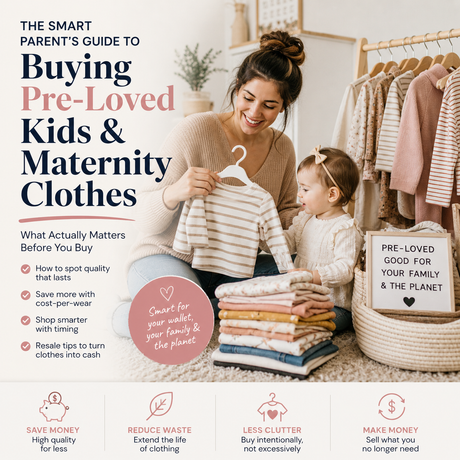 Banner titled Buying Pre-Loved Kids and Maternity Clothes showing mother and toddler with folded clothes and checklist tips